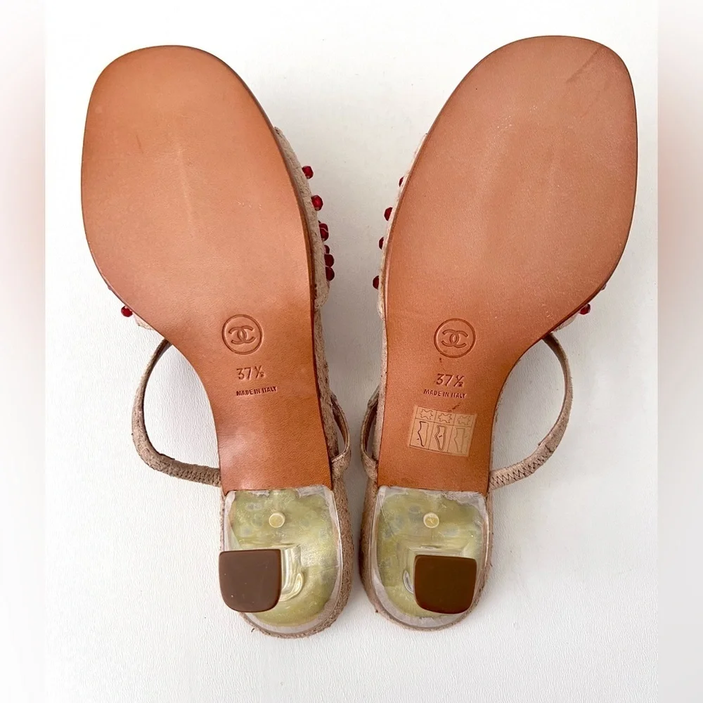 CHANEL | Vintage Y2K Tan Suede Red Embellished Mule Lucite Kitten Heel Sandal